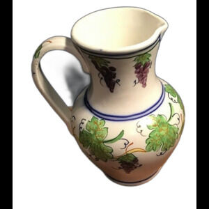 Large 9.5" Vintage Hand Painted Ceramic Grapevine Pitcher Vase As-Is Floral